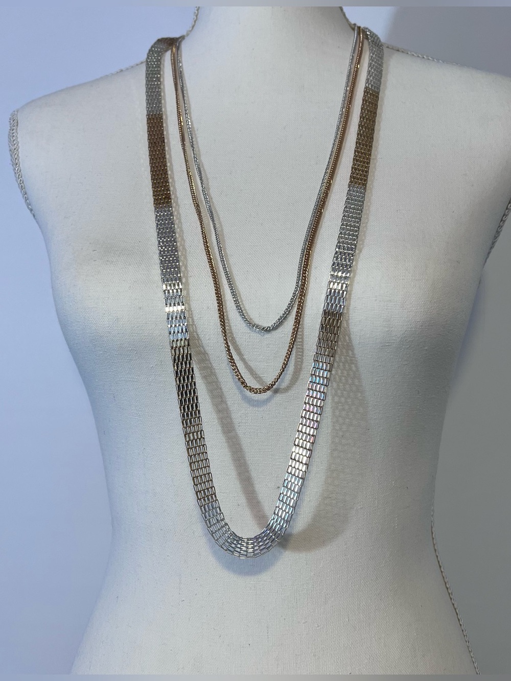 Multi Strand Mixed Metal Gold Silver Tone Necklace 38”